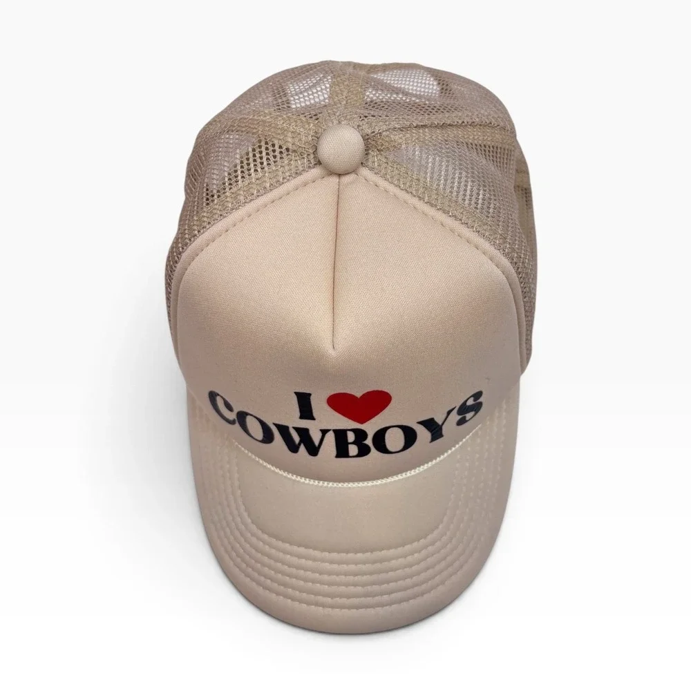I Love Cowboys Trucker Hat Tan Western Mesh Snapback Cap Khaki Heart Graphic